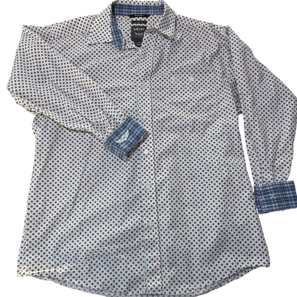 Ariat Relentless Western Shirt Mens L Geometric Flip Cuff White Burgundy Stretch